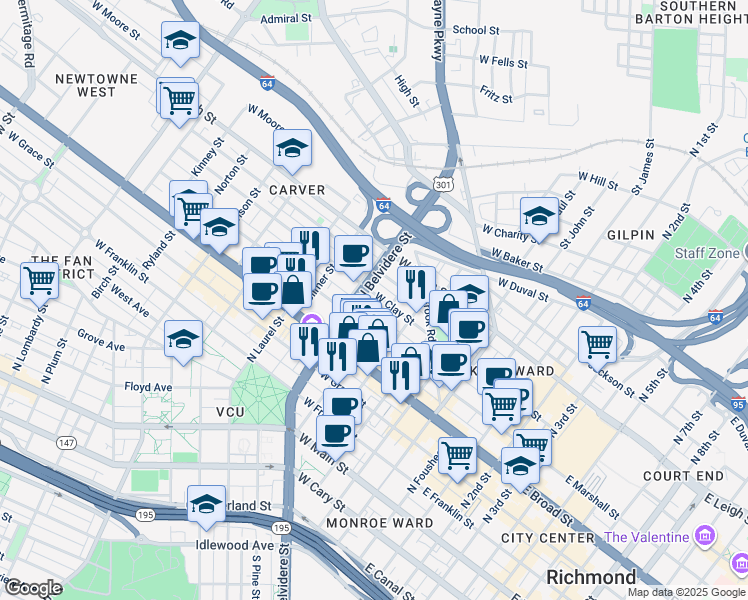map of restaurants, bars, coffee shops, grocery stores, and more near 513 West Clay Street in Richmond