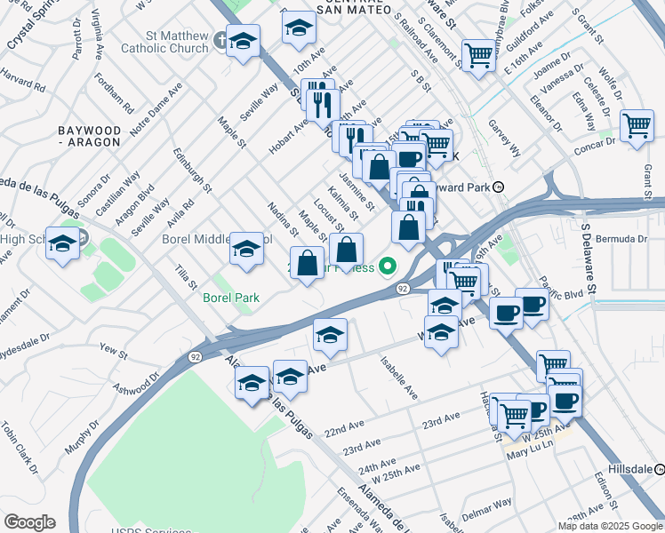 map of restaurants, bars, coffee shops, grocery stores, and more near 177 Bovet Road in San Mateo