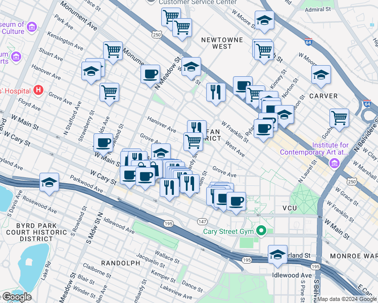 map of restaurants, bars, coffee shops, grocery stores, and more near 1610 Grove Avenue in Richmond