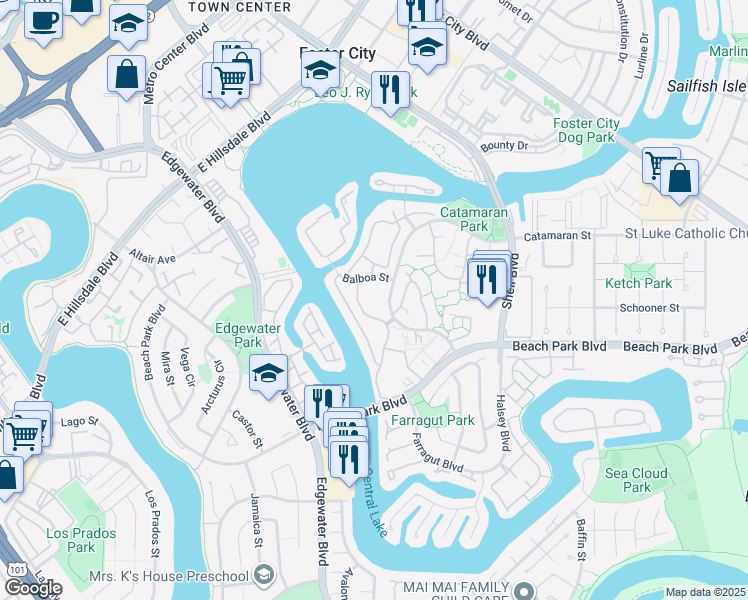 map of restaurants, bars, coffee shops, grocery stores, and more near 371 Catamaran Street in Foster City
