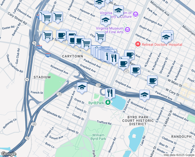 map of restaurants, bars, coffee shops, grocery stores, and more near 2914 Idlewood Avenue in Richmond