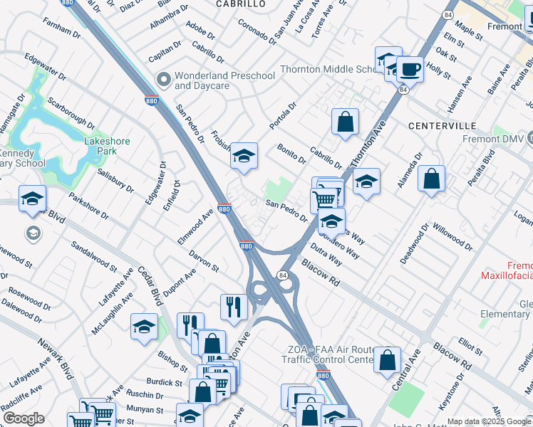 map of restaurants, bars, coffee shops, grocery stores, and more near 36707 San Pedro Drive in Fremont