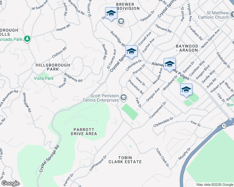 map of restaurants, bars, coffee shops, grocery stores, and more near 18 Wildwood Drive in San Mateo