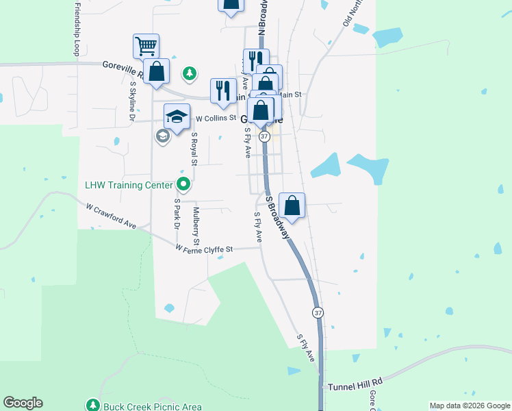 map of restaurants, bars, coffee shops, grocery stores, and more near 701 South Fly Avenue in Goreville