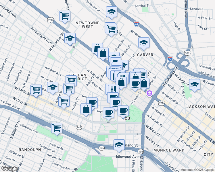 map of restaurants, bars, coffee shops, grocery stores, and more near 1005 West Franklin Street in Richmond