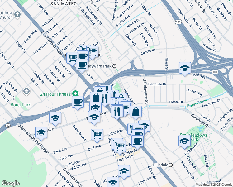 map of restaurants, bars, coffee shops, grocery stores, and more near 1931 Palm Avenue in San Mateo