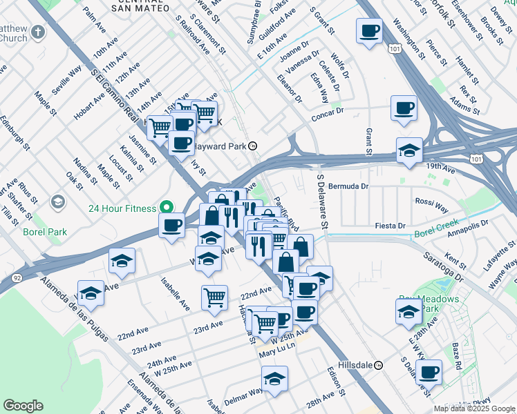 map of restaurants, bars, coffee shops, grocery stores, and more near 1931 Palm Avenue in San Mateo
