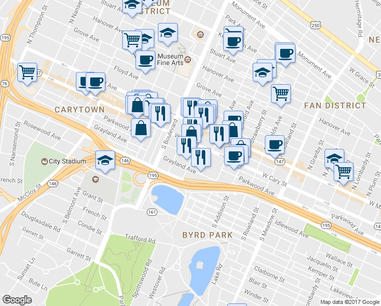 map of restaurants, bars, coffee shops, grocery stores, and more near 2604 Parkwood Avenue in Richmond