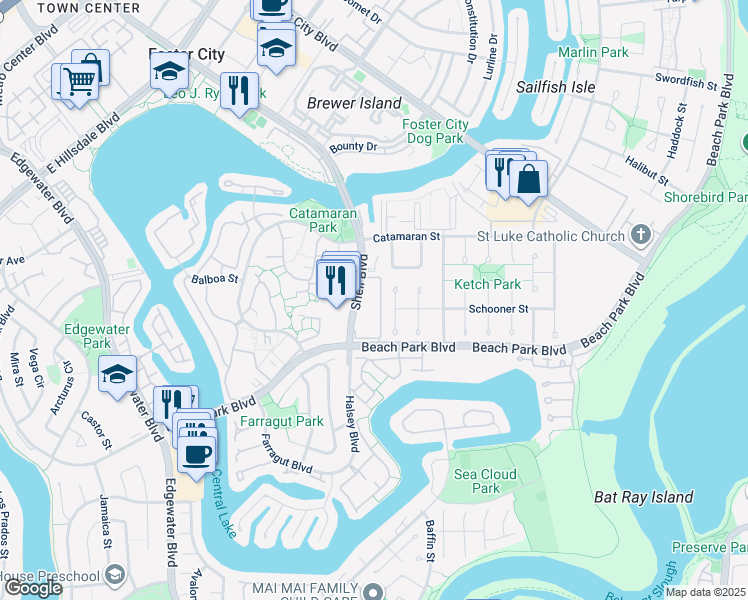 map of restaurants, bars, coffee shops, grocery stores, and more near 1041 Shell Boulevard in Foster City