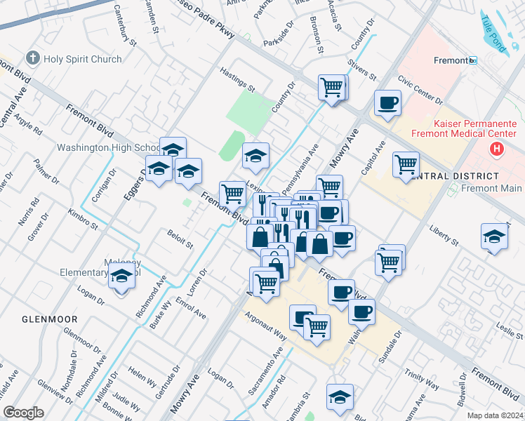 map of restaurants, bars, coffee shops, grocery stores, and more near 38860 Fremont Boulevard in Fremont