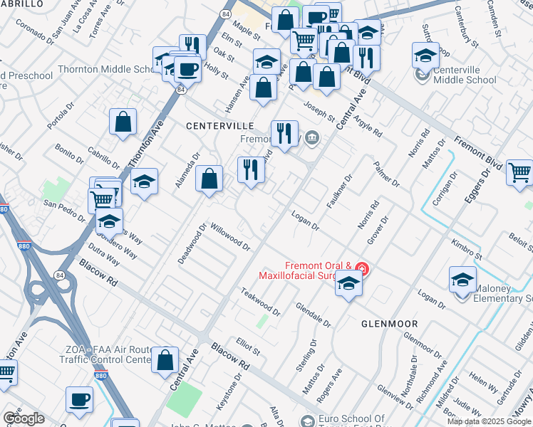 map of restaurants, bars, coffee shops, grocery stores, and more near 4549 Central Avenue in Fremont