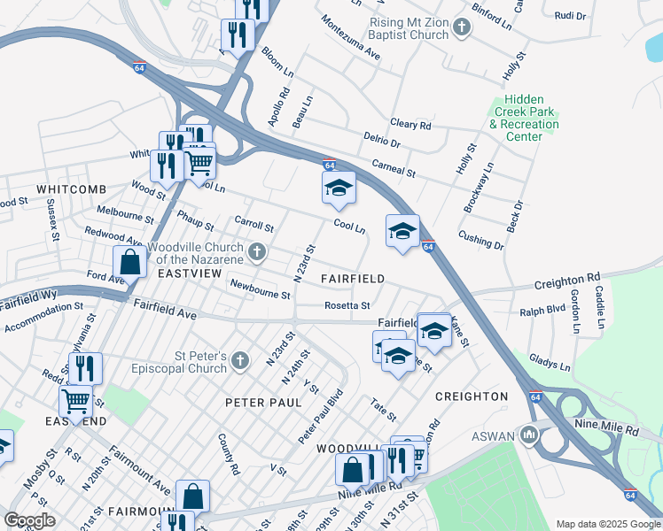 map of restaurants, bars, coffee shops, grocery stores, and more near 2348 Selden Street in Richmond