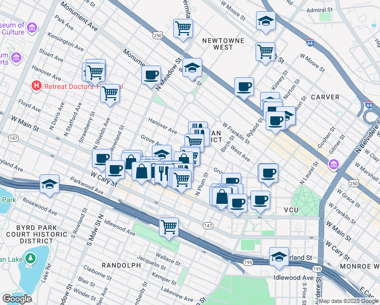 map of restaurants, bars, coffee shops, grocery stores, and more near in Richmond