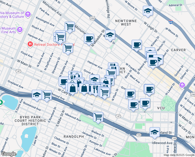 map of restaurants, bars, coffee shops, grocery stores, and more near 104 North Vine Street in Richmond