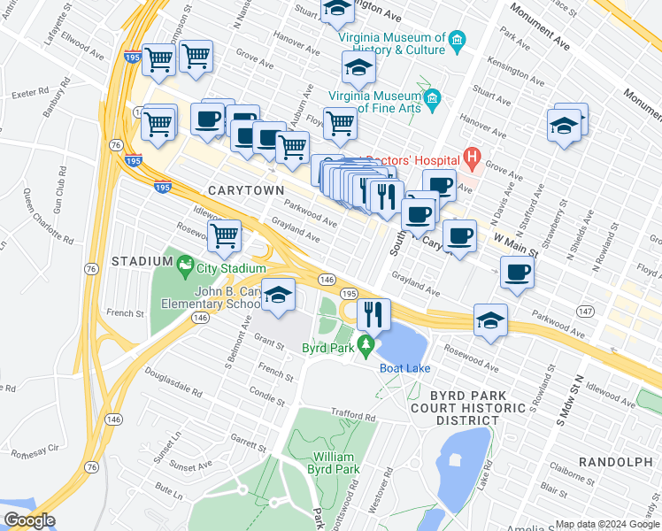 map of restaurants, bars, coffee shops, grocery stores, and more near 2910 Idlewood Avenue in Richmond