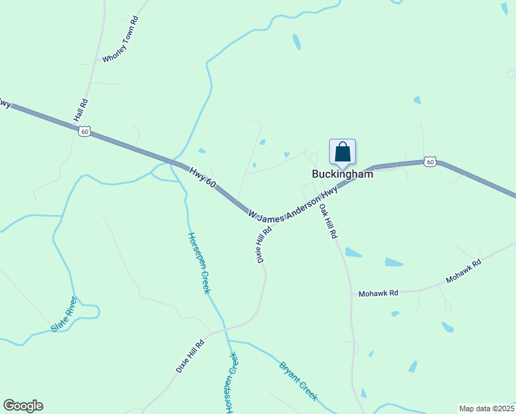 map of restaurants, bars, coffee shops, grocery stores, and more near 12884 West James Anderson Highway in Buckingham