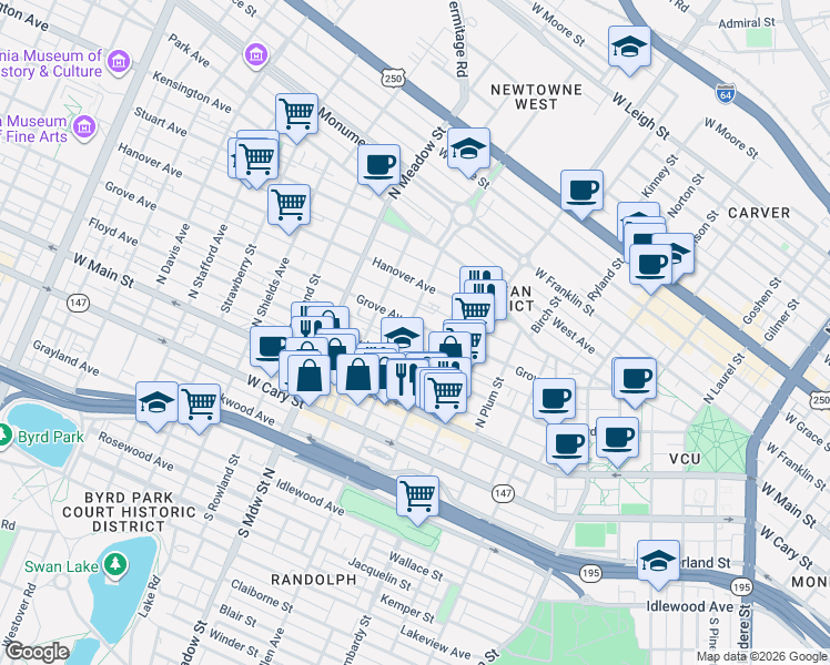 map of restaurants, bars, coffee shops, grocery stores, and more near 104 North Vine Street in Richmond