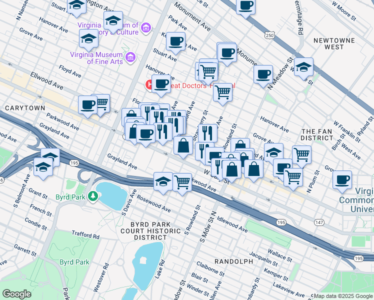 map of restaurants, bars, coffee shops, grocery stores, and more near 2 South Addison Street in Richmond