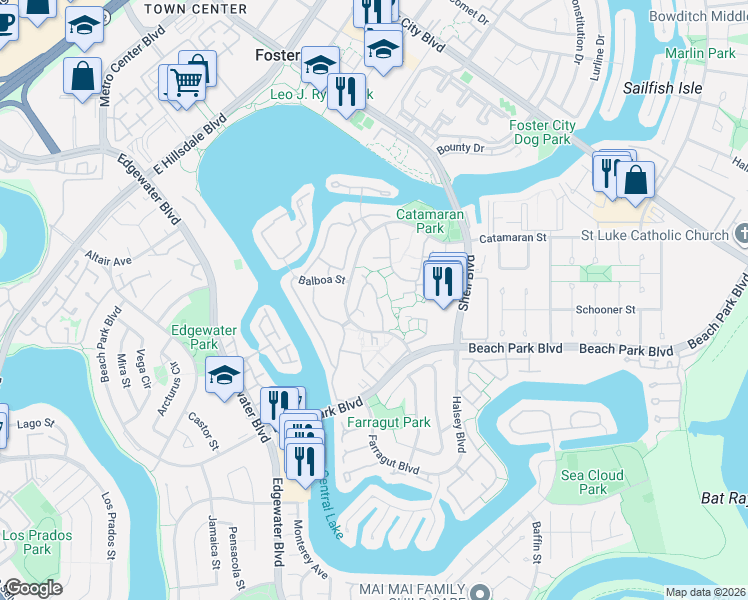 map of restaurants, bars, coffee shops, grocery stores, and more near 891 Erickson Lane in Foster City