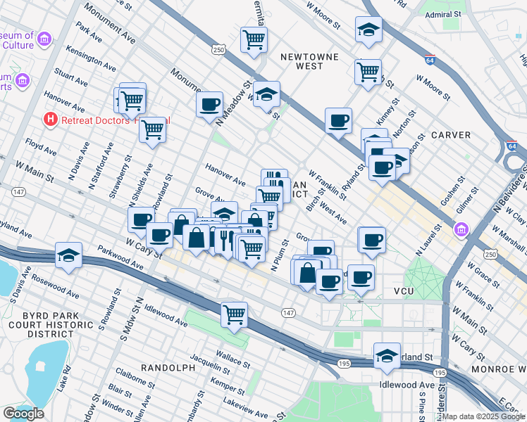 map of restaurants, bars, coffee shops, grocery stores, and more near 1610 Grove Avenue in Richmond