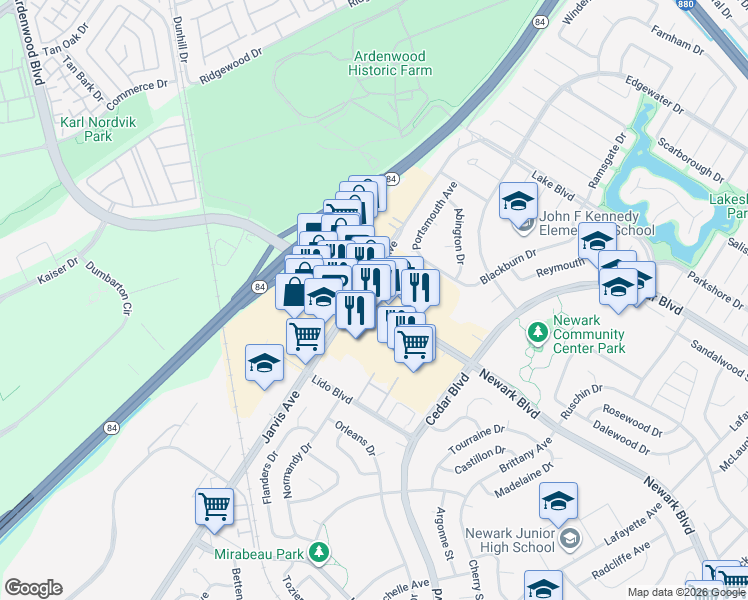 map of restaurants, bars, coffee shops, grocery stores, and more near 35040 Newark Boulevard in Newark