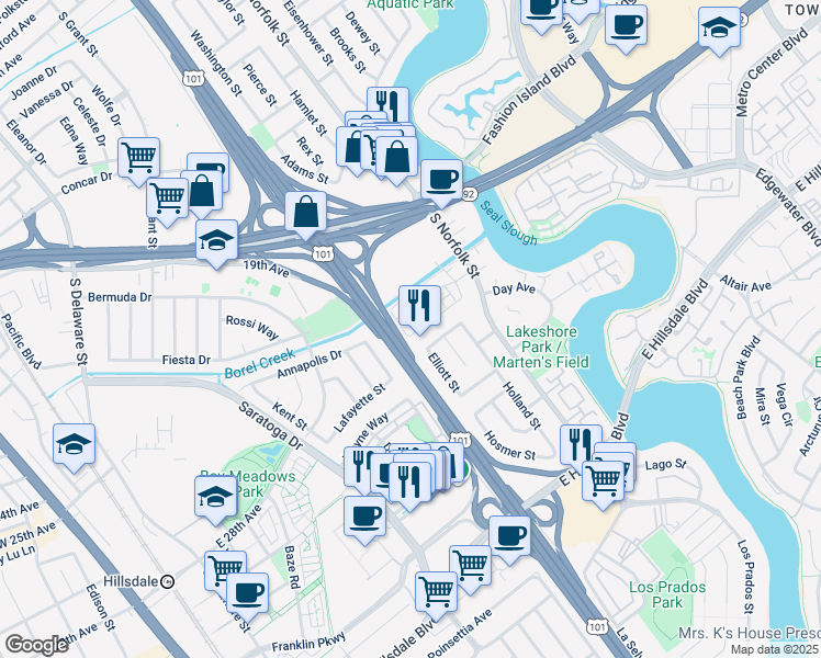 map of restaurants, bars, coffee shops, grocery stores, and more near 210 Waters Park Circle in San Mateo