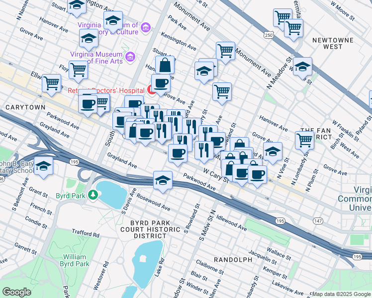 map of restaurants, bars, coffee shops, grocery stores, and more near 2 South Addison Street in Richmond