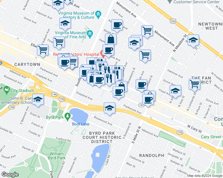 map of restaurants, bars, coffee shops, grocery stores, and more near 2408 West Cary Street in Richmond