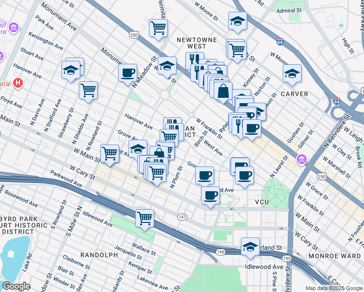 map of restaurants, bars, coffee shops, grocery stores, and more near 1511 Hanover Avenue in Richmond