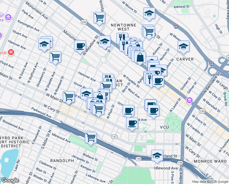 map of restaurants, bars, coffee shops, grocery stores, and more near 1511 Hanover Avenue in Richmond