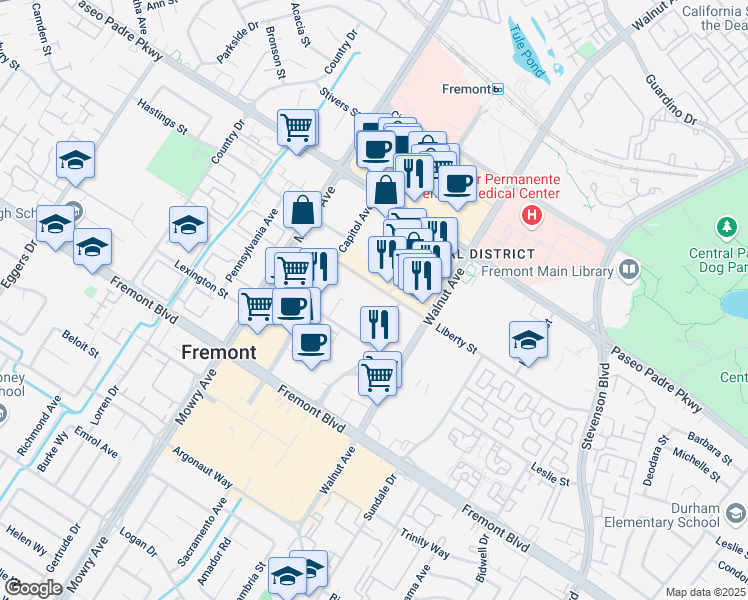 map of restaurants, bars, coffee shops, grocery stores, and more near 39200 Liberty Street in Fremont