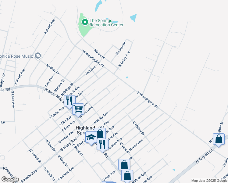 map of restaurants, bars, coffee shops, grocery stores, and more near 214 South Fern Avenue in Henrico