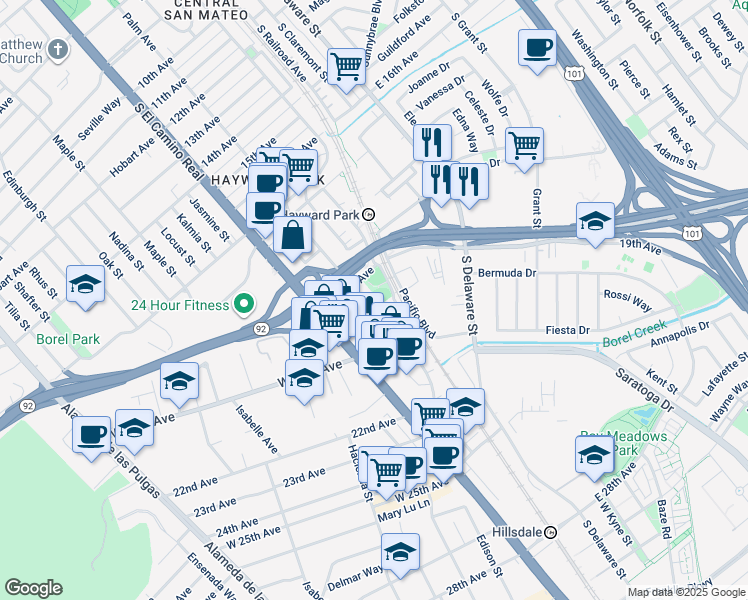 map of restaurants, bars, coffee shops, grocery stores, and more near 1927 Palm Avenue in San Mateo