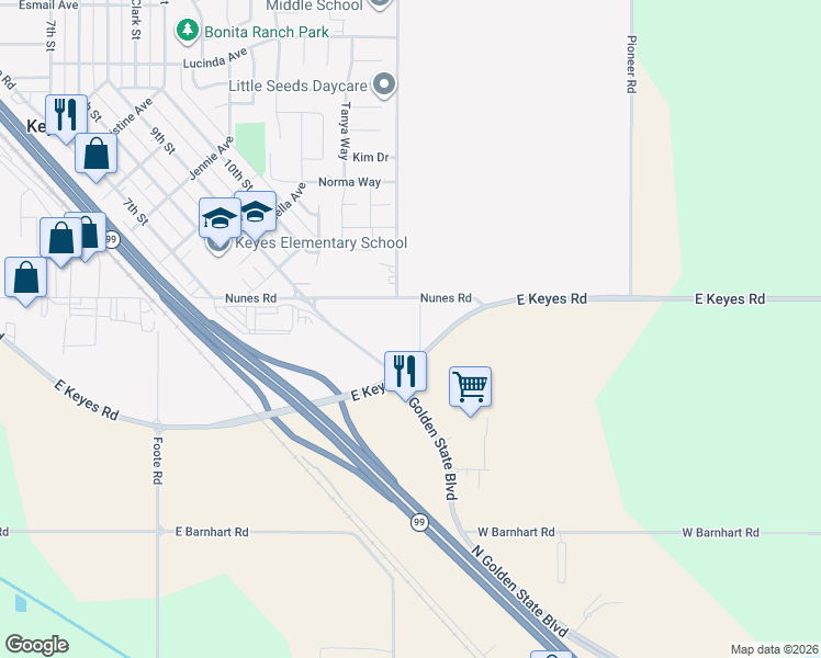 map of restaurants, bars, coffee shops, grocery stores, and more near 5980 Washington Road in Hughson
