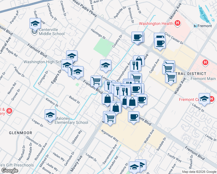 map of restaurants, bars, coffee shops, grocery stores, and more near 3900 Monroe Avenue in Fremont