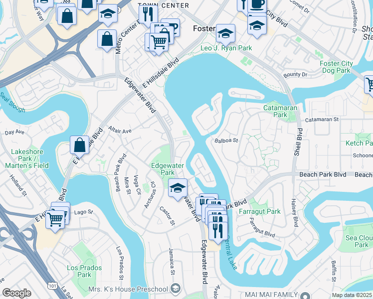 map of restaurants, bars, coffee shops, grocery stores, and more near 810 Perseus Lane in Foster City