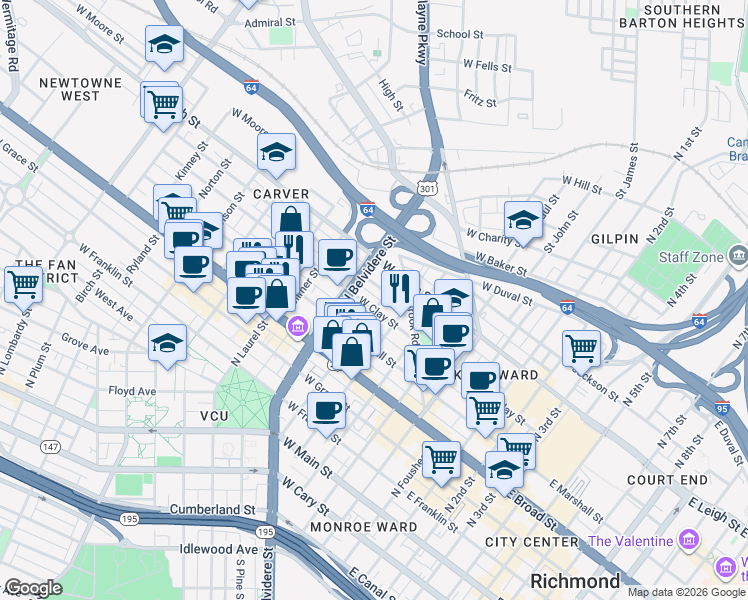 map of restaurants, bars, coffee shops, grocery stores, and more near 521 Catherine Street in Richmond