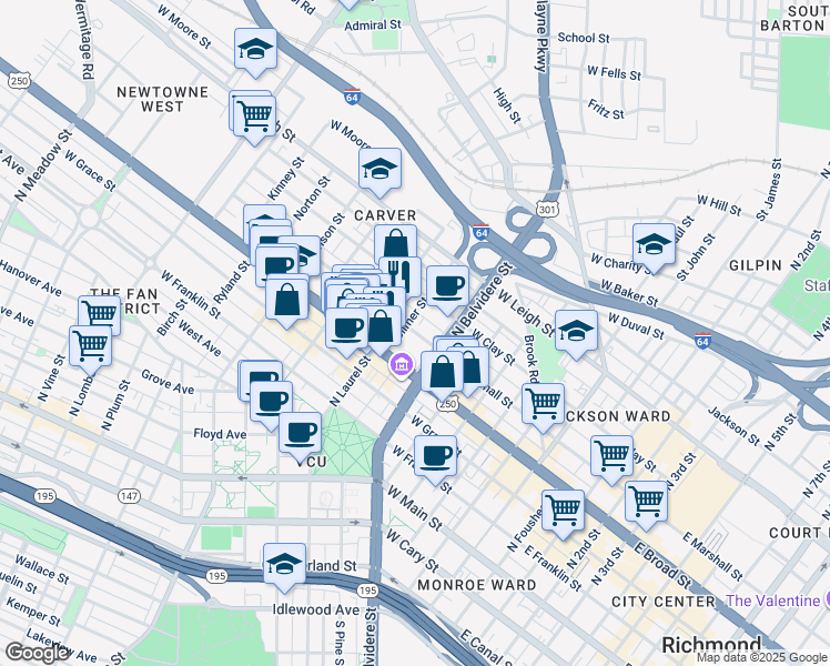 map of restaurants, bars, coffee shops, grocery stores, and more near 810 West Marshall Street in Richmond