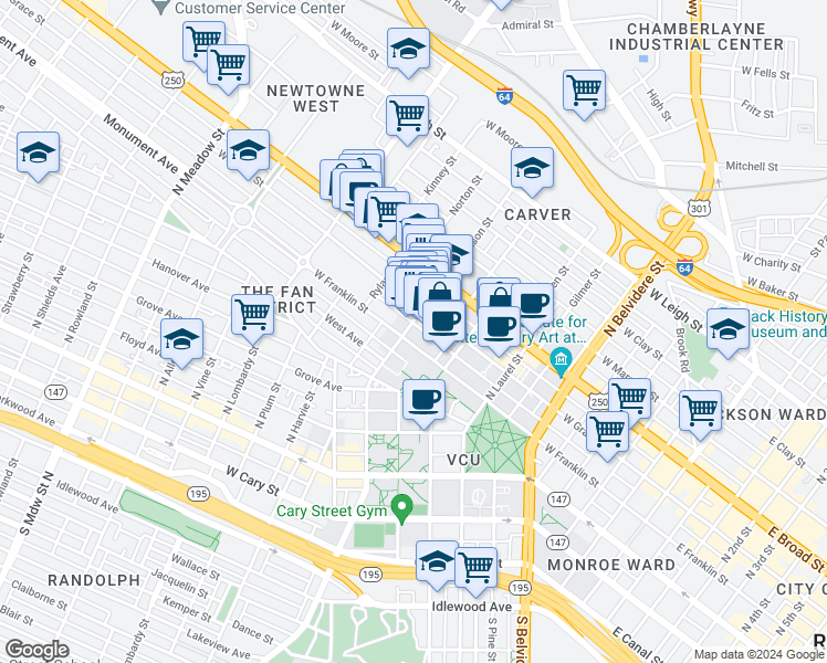 map of restaurants, bars, coffee shops, grocery stores, and more near 1011 West Grace Street in Richmond