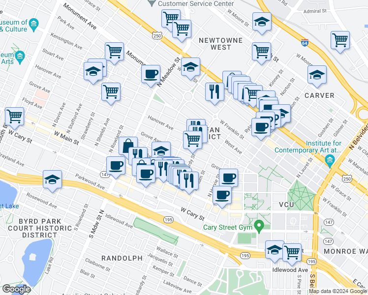 map of restaurants, bars, coffee shops, grocery stores, and more near 1621 Hanover Avenue in Richmond