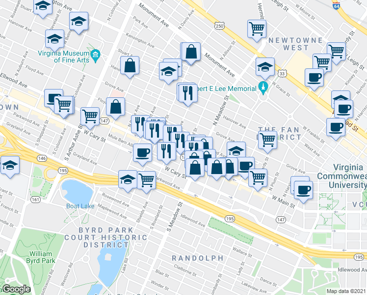map of restaurants, bars, coffee shops, grocery stores, and more near in Richmond