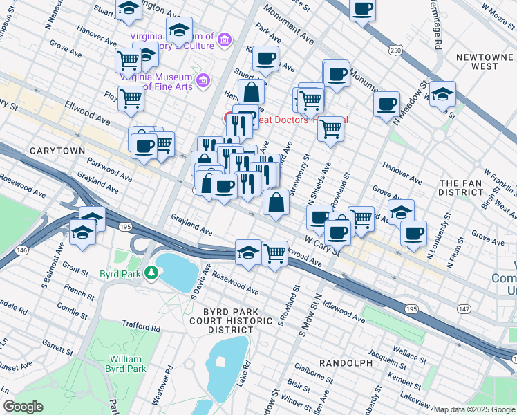 map of restaurants, bars, coffee shops, grocery stores, and more near 16 South Stafford Avenue in Richmond