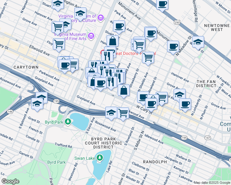 map of restaurants, bars, coffee shops, grocery stores, and more near 13 South Davis Avenue in Richmond