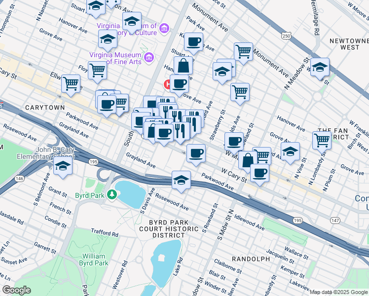 map of restaurants, bars, coffee shops, grocery stores, and more near 13 South Davis Avenue in Richmond