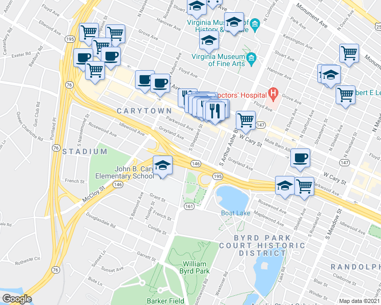 map of restaurants, bars, coffee shops, grocery stores, and more near 2928 Grayland Avenue in Richmond