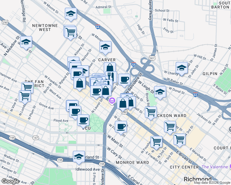 map of restaurants, bars, coffee shops, grocery stores, and more near 810 West Marshall Street in Richmond