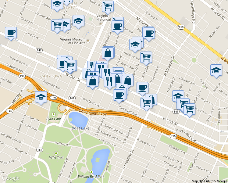 map of restaurants, bars, coffee shops, grocery stores, and more near 16 South Stafford Avenue in Richmond