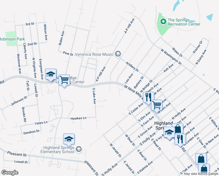 map of restaurants, bars, coffee shops, grocery stores, and more near 1005 West 9 Mile Road in Henrico