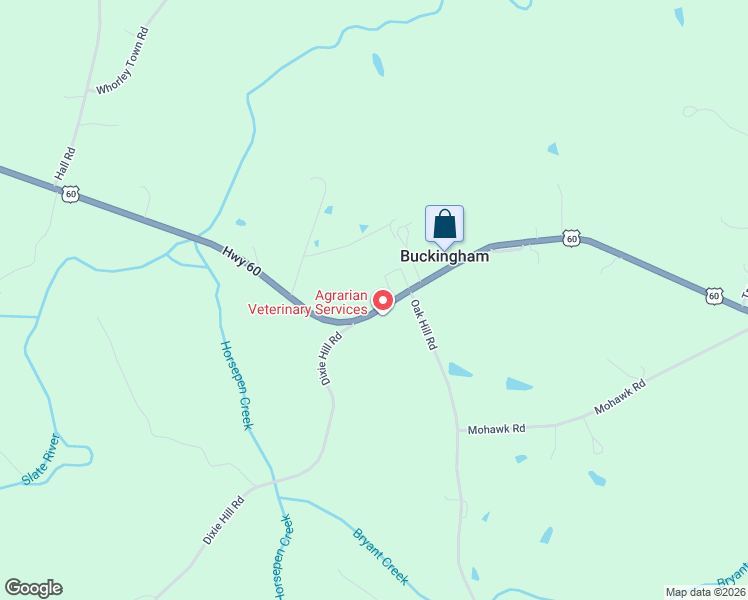 map of restaurants, bars, coffee shops, grocery stores, and more near 12977 West James Anderson Highway in Buckingham