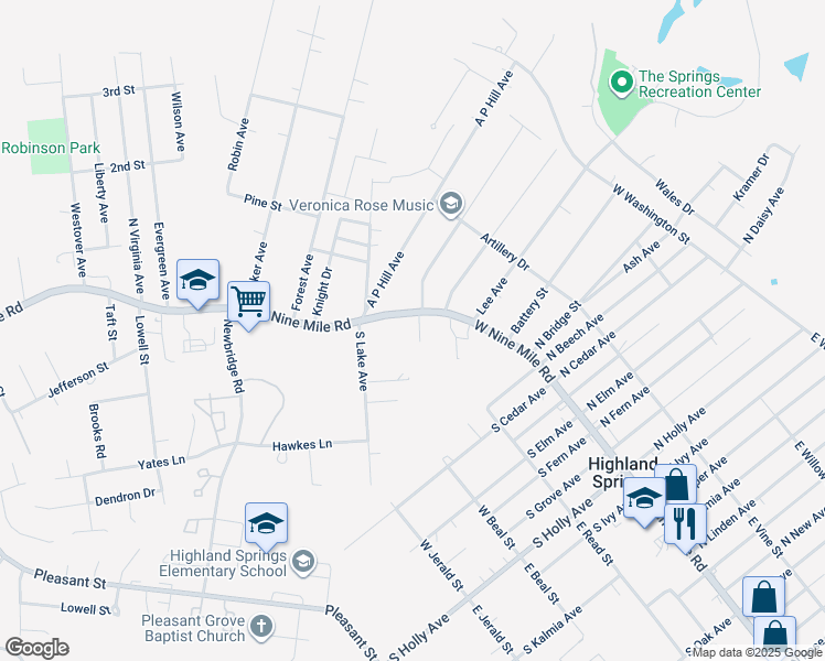 map of restaurants, bars, coffee shops, grocery stores, and more near 1007 West 9 Mile Road in Highland Springs